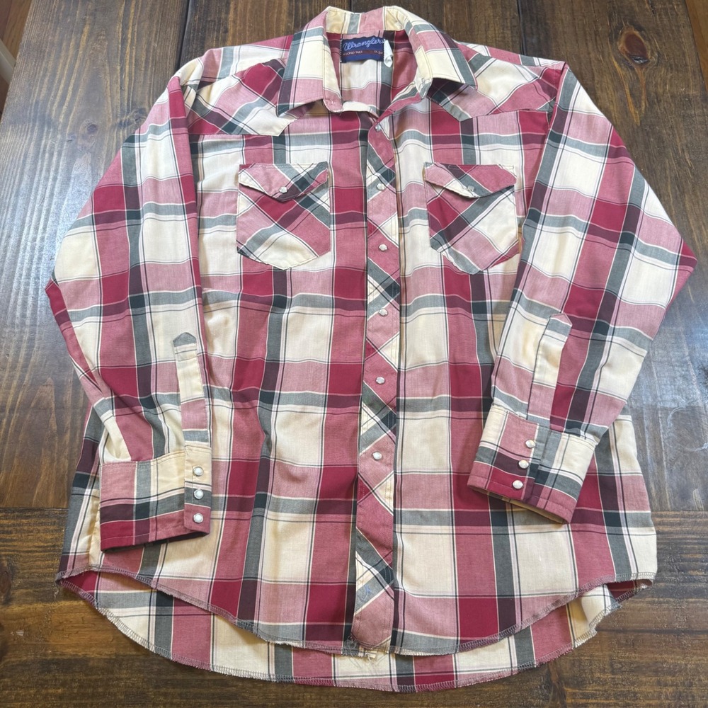 Wrangler Men Vintage Western Pearl Snap Plaid Shirt Red Cream XL 17-34 Long Tail